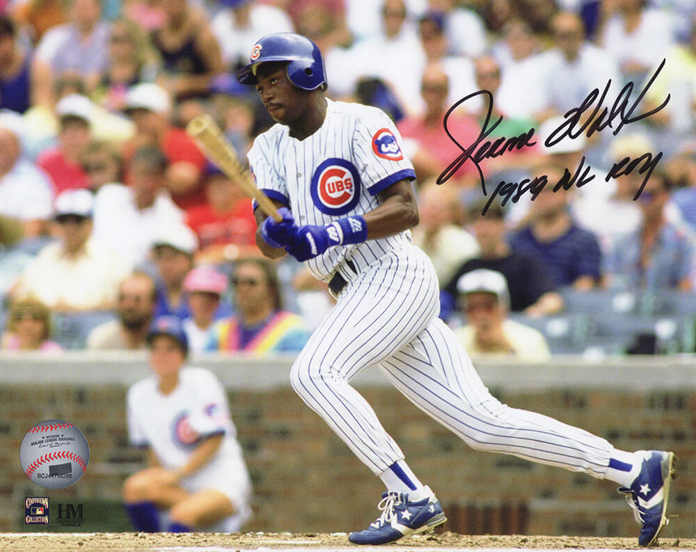 Jerome Walton Signed Chicago Cubs White Jersey Batting Action 8x10 Photo w/1989 NL ROY - WAL08P102 - Jerome Walton Signed Chicago Cubs White Jersey Batting Action 8x10 Photo w/1989 NL ROY product image