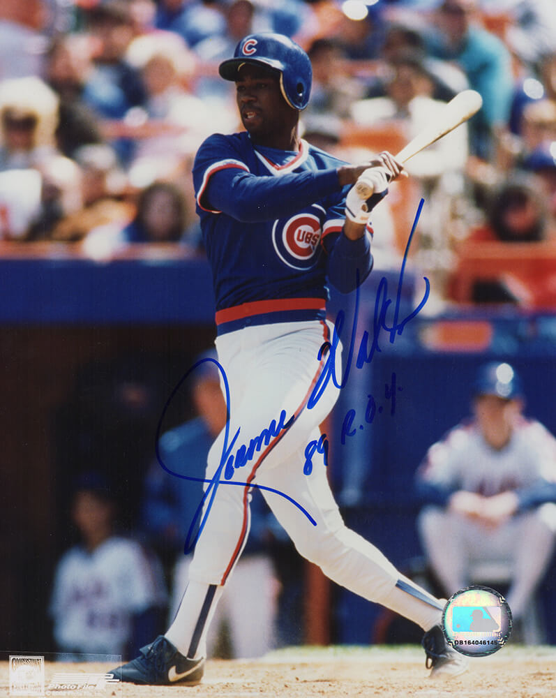 Jerome Walton Signed Chicago Cubs Blue Jersey Swinging 8x10 Photo w/89 ROY - WAL08P103 - Jerome Walton Signed Chicago Cubs Blue Jersey Swinging 8x10 Photo w/89 ROY product image
