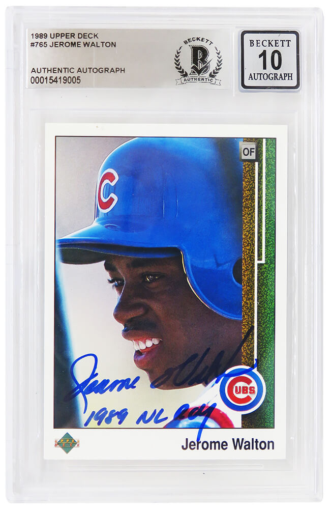 Jerome Walton Signed Cubs 1989 Upper Deck Rookie Baseball Card #765 w/1989 NL ROY - (Beckett - Auto Grade 10) - WALCAR104 - Jerome Walton Signed Cubs 1989 Upper Deck Rookie Baseball Card #765 w/1989 NL ROY - (Beckett - Auto Grade 10) product image