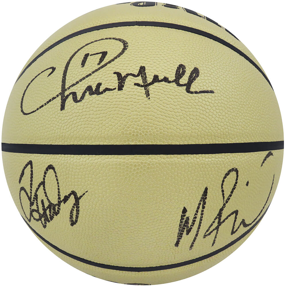 Chris Mullin, Tim Hardaway & Mitch Richmond Signed Wilson Gold Indoor/Outdoor NBA Basketball - WARBSK220 - Chris Mullin, Tim Hardaway & Mitch Richmond Signed Wilson Gold Indoor/Outdoor NBA Basketball product image