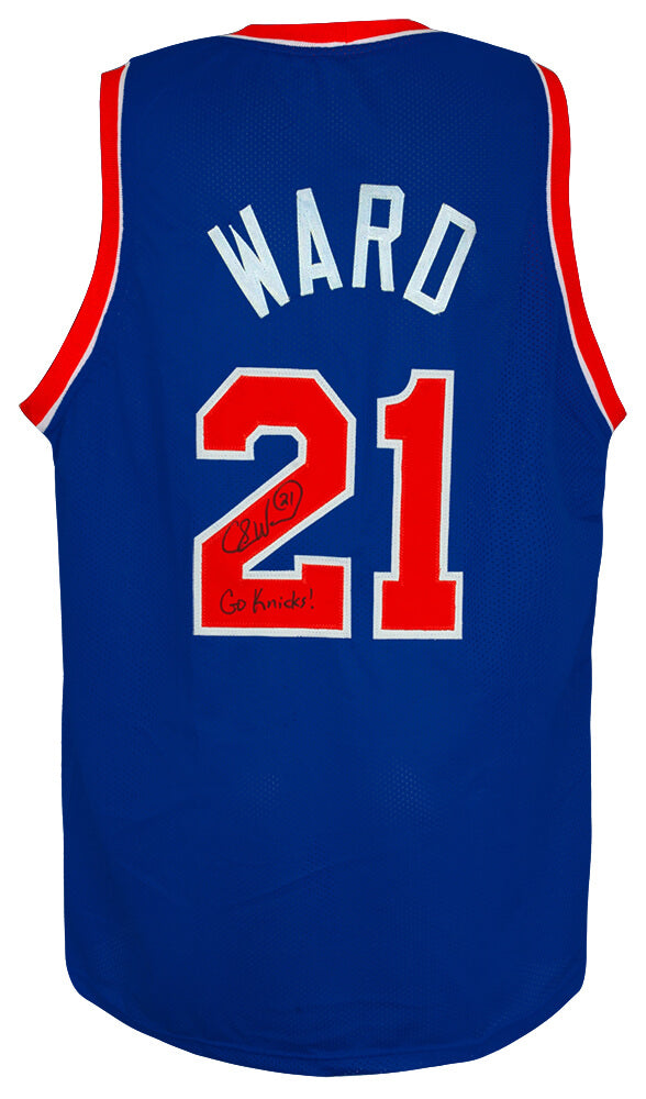 Charlie Ward Signed Blue Throwback Custom Basketball Jersey w/Go Knicks - WARJRY200 - Charlie Ward Signed Blue Throwback Custom Basketball Jersey w/Go Knicks product image