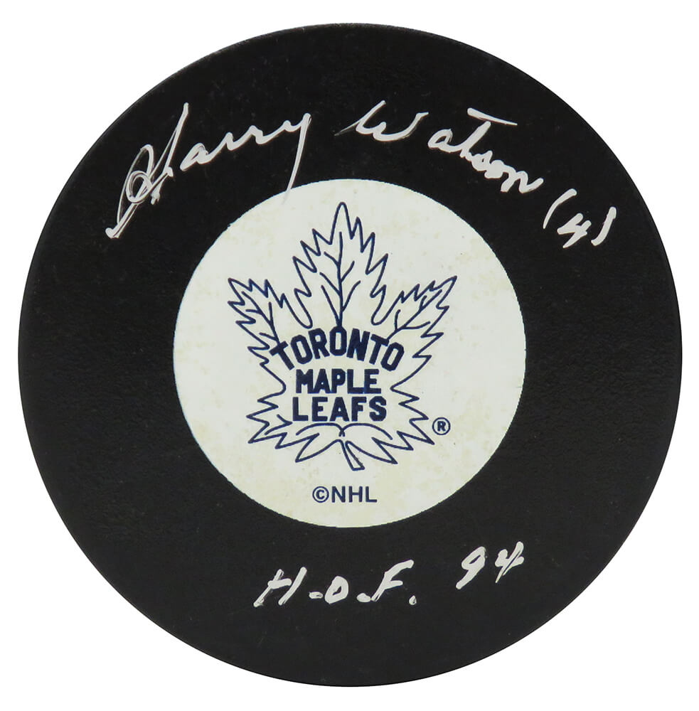 Harry Watson Signed Maple Leafs T/B Logo Hockey Puck w/HOF'94 - WATPUC403 - Harry Watson Signed Maple Leafs T/B Logo Hockey Puck w/HOF'94 product image