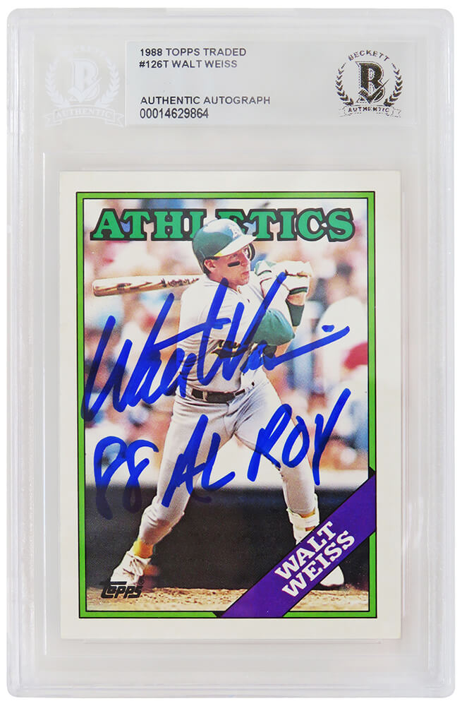 Walt Weiss Signed Signed Oakland A's 1988 Topps Traded Rookie Baseball Trading Card w/88 AL ROY - (Beckett Encapsulated) - WEICAR102 - Walt Weiss Signed Signed Oakland A's 1988 Topps Traded Rookie Baseball Trading Card w/88 AL ROY - (Beckett Encapsulated) product image