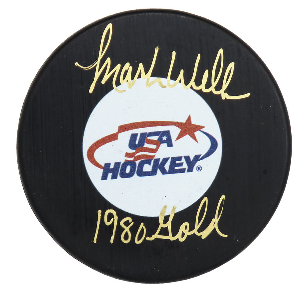 Mark Wells Signed USA Hockey Logo Hockey Puck w/1980 Gold - WELPUC400 - Mark Wells Signed USA Hockey Logo Hockey Puck w/1980 Gold product image