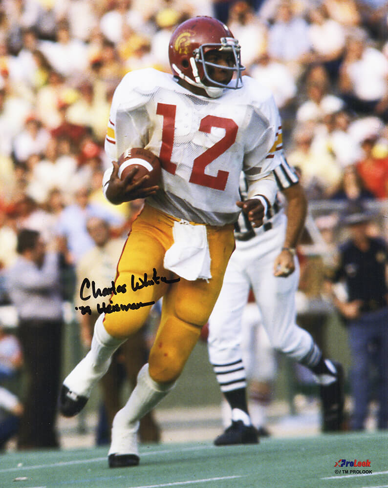 Charles White Signed USC Trojans White Jersey Action 8x10 Photo w/79 Heisman (In Black) - WHI08P323 - Charles White Signed USC Trojans White Jersey Action 8x10 Photo w/79 Heisman (In Black) product image
