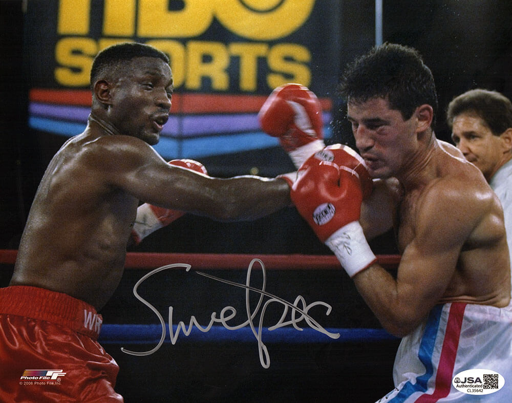 Pernell 'Sweet Pea' Whitaker Signed Boxing Red Trunks Punching Action 8x10 Photo - (JSA) - WHI08P501 - Pernell 'Sweet Pea' Whitaker Signed Boxing Red Trunks Punching Action 8x10 Photo - (JSA) product image