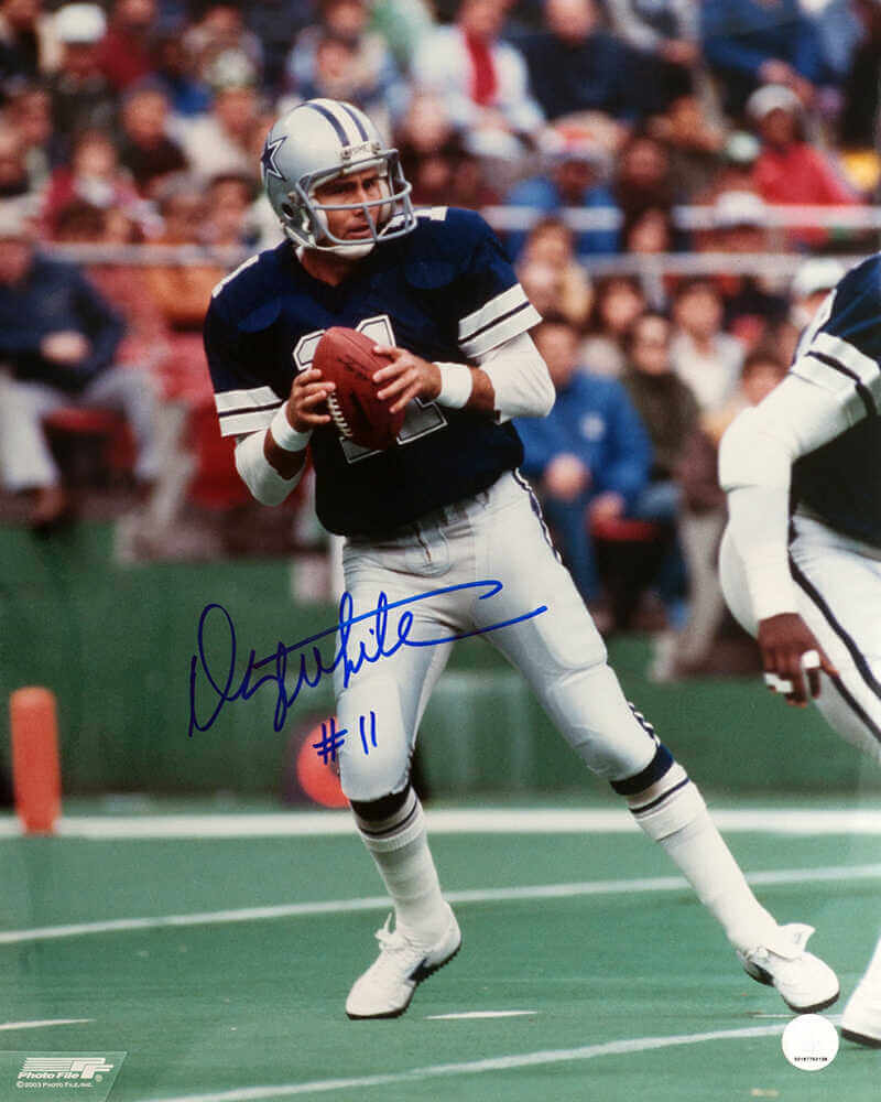 Danny White Signed Cowboys Navy Jersey Action 16x20 Photo - WHI16P320 - Danny White Signed Cowboys Navy Jersey Action 16x20 Photo product image