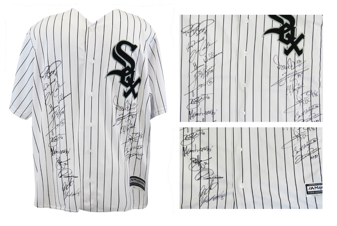 2005 Chicago White Sox Team Signed Chicago White Sox White Pinstripe Majestic Replica Baseball Jersey (18 Signatures) - WHIJRY100 - 2005 Chicago White Sox Team Signed Chicago White Sox White Pinstripe Majestic Replica Baseball Jersey (18 Signatures) product image