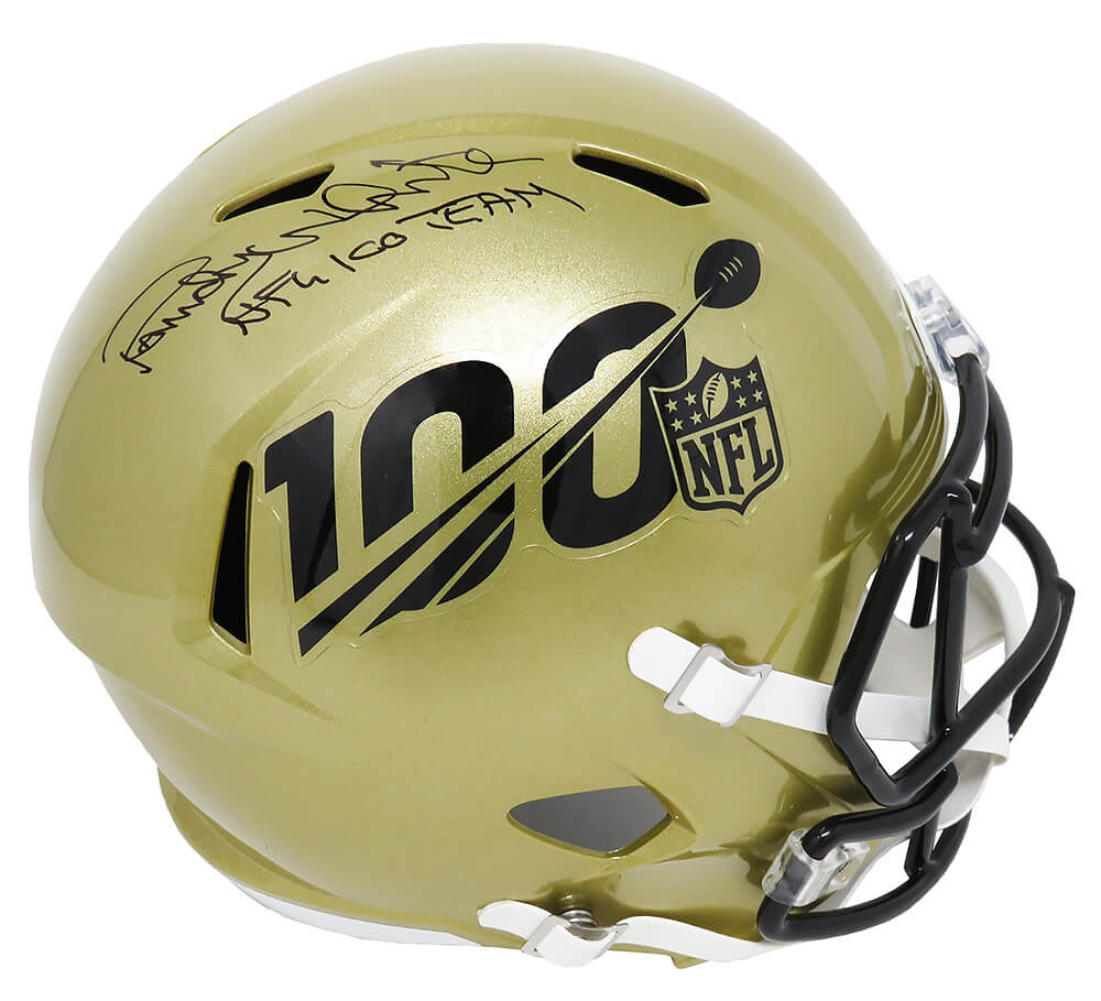 Randy White Signed NFL 100th Season Logo Gold Riddell Full Size Speed Replica Helmet w/NFL 100 Team - WHIREP309 - Randy White Signed NFL 100th Season Logo Gold Riddell Full Size Speed Replica Helmet w/NFL 100 Team product image