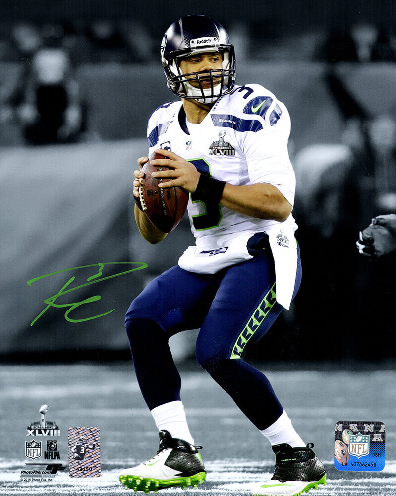 Russell Wilson Signed Seattle Seahawks SB XLVIII White Jersey Spotlight Action 8x10 Photo (Wilson Hologram) - WIL08P348 - Russell Wilson Signed Seattle Seahawks SB XLVIII White Jersey Spotlight Action 8x10 Photo (Wilson Hologram) product image