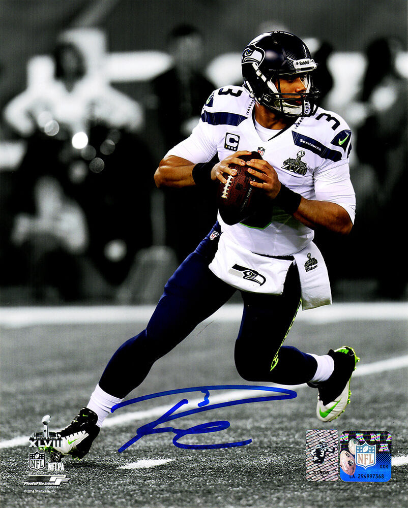 Russell Wilson Signed Seattle Seahawks SB XLVIII Spotlight Action 8x10 Photo - WIL08P346 - Russell Wilson Signed Seattle Seahawks SB XLVIII Spotlight Action 8x10 Photo product image