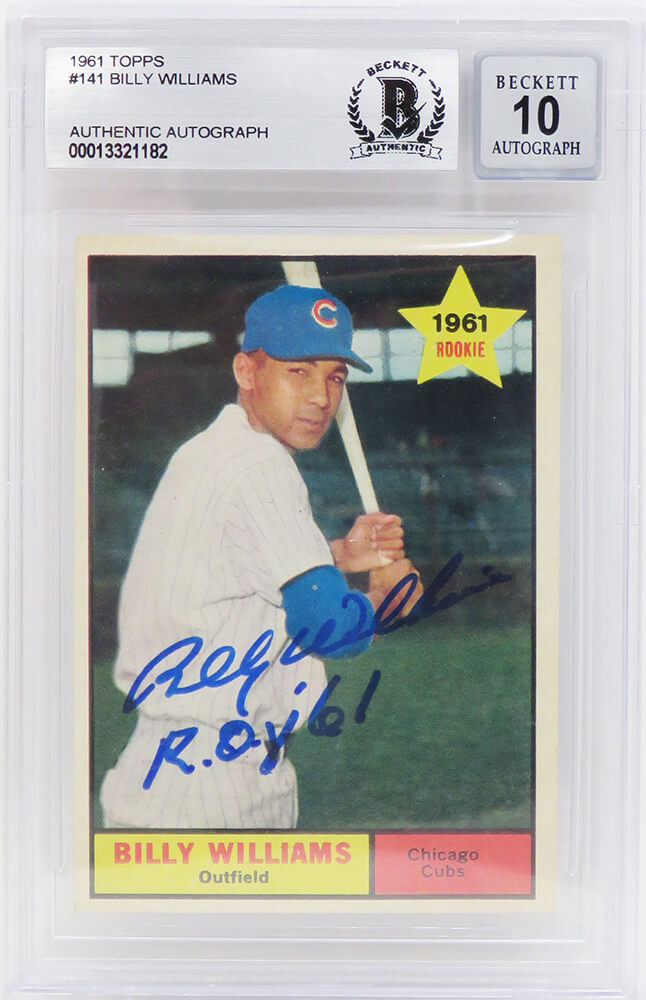 Billy Williams Signed Chicago Cubs 1961 Topps Baseball Rookie Card #141 w/ROY'61 (Beckett Encapsulated / Auto Grade 10)) - WILCAR103 - Billy Williams Signed Chicago Cubs 1961 Topps Baseball Rookie Card #141 w/ROY'61 (Beckett Encapsulated / Auto Grade 10)) product image