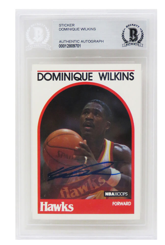 Dominique Wilkins Signed Atlanta Hawks 1989 Hoops Basketball Card #130 - (Beckett / Auto Sticker) - WILCAR204 - Dominique Wilkins Signed Atlanta Hawks 1989 Hoops Basketball Card #130 - (Beckett / Auto Sticker) product image