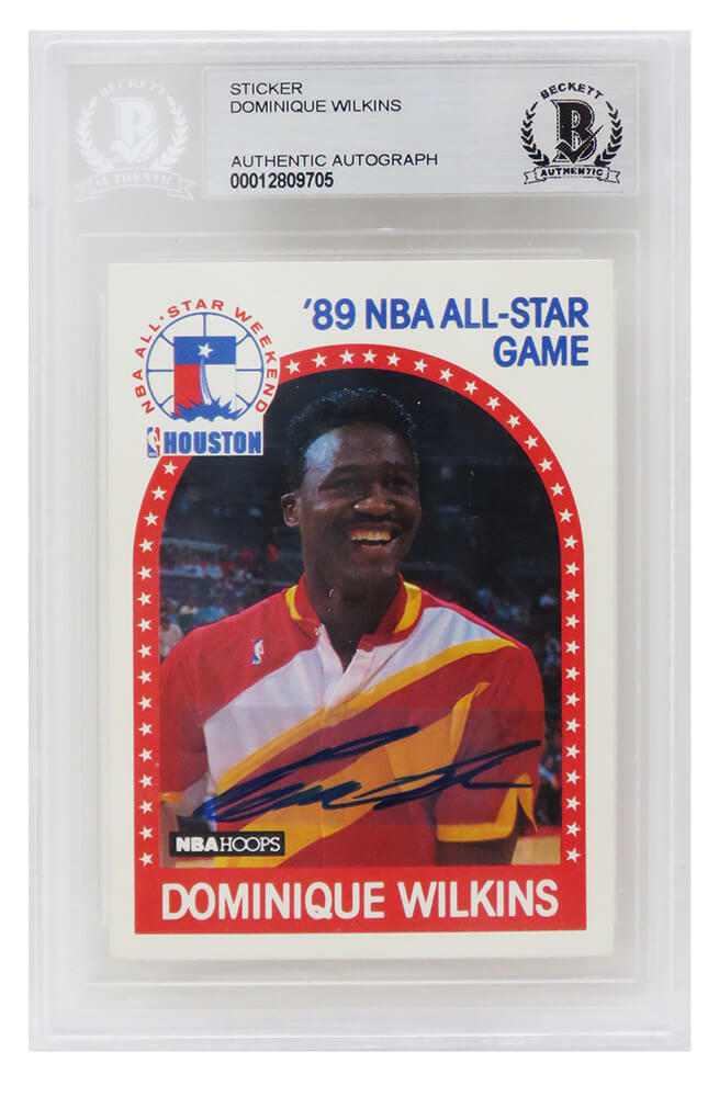 Dominique Wilkins Signed Atlanta Hawks 1989 Hoops Basketball Card #234 - (Beckett / Auto Sticker) - WILCAR205 - Dominique Wilkins Signed Atlanta Hawks 1989 Hoops Basketball Card #234 - (Beckett / Auto Sticker) product image