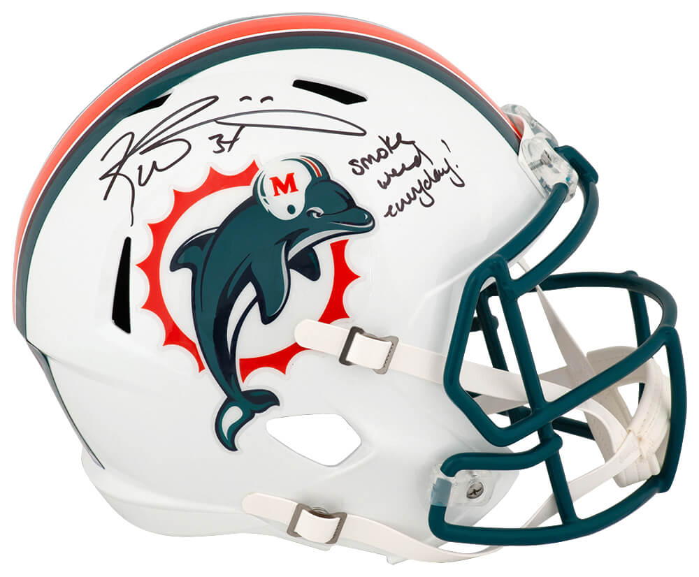 Ricky Williams Signed Miami Dolphins Throwback Riddell Full Size Speed Replica Helmet w/Smoke Weed Everyday - WILREP329 - Ricky Williams Signed Miami Dolphins Throwback Riddell Full Size Speed Replica Helmet w/Smoke Weed Everyday product image