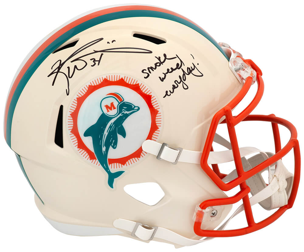 Ricky Williams Signed Miami Dolphins RETRO Riddell Full Size Speed Replica Helmet w/Smoke Weed Everyday - WILREP369 - Ricky Williams Signed Miami Dolphins RETRO Riddell Full Size Speed Replica Helmet w/Smoke Weed Everyday product image