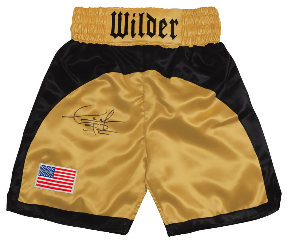 Deontay Wilder Signed Gold With Black Trim Custom Boxing Trunks - (Beckett) - WILTRU502 - Deontay Wilder Signed Gold With Black Trim Custom Boxing Trunks - (Beckett) product image