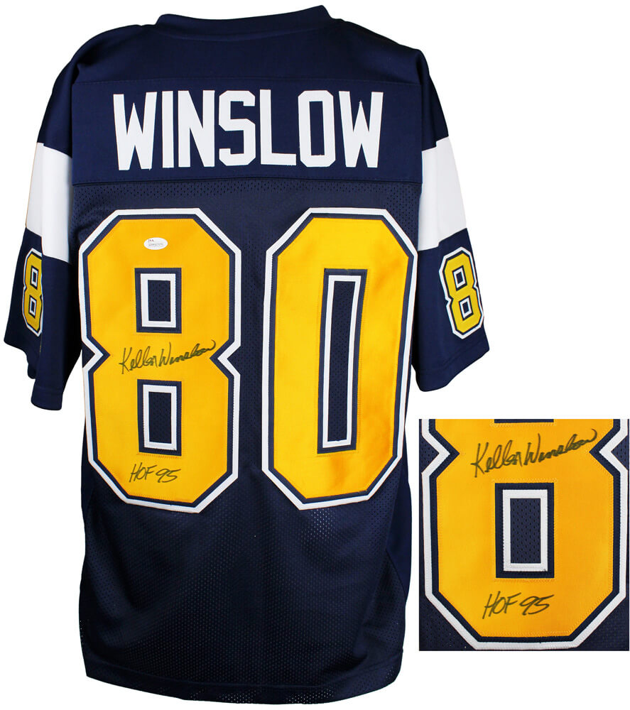 Kellen Winslow Signed Navy Blue Throwback Custom Football Jersey w/HOF 95  (JSA) - WINJRY302 - Kellen Winslow Signed Navy Blue Throwback Custom Football Jersey w/HOF 95 (JSA) product image