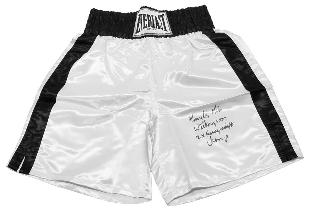 Tim Witherspoon Signed Everlast White Boxing Trunks w/Terrible & 2x Heavyweight Champ - WITTRU501 - Tim Witherspoon Signed Everlast White Boxing Trunks w/Terrible & 2x Heavyweight Champ product image