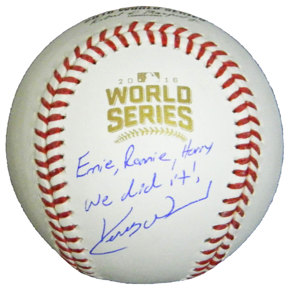 Kerry Wood Signed Rawlings Official 2016 World Series Baseball w/Ernie, Ronnie, Harry We Did It - WOOBSB104 - Kerry Wood Signed Rawlings Official 2016 World Series Baseball w/Ernie, Ronnie, Harry We Did It product image