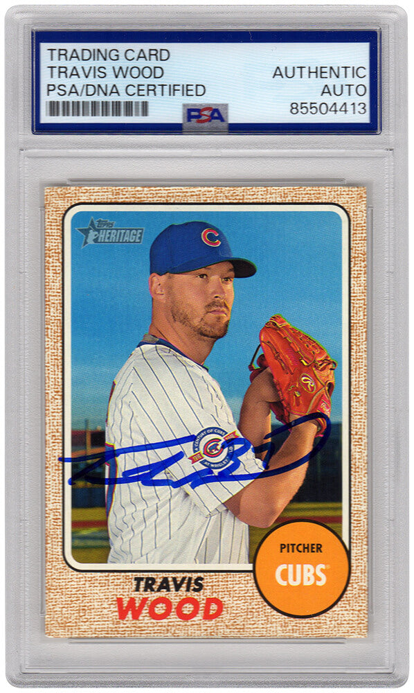 Travis Wood Signed Chicago Cubs 2017 Topps Heritage Baseball Card #395 - (PSA Encapsulated) - WOOCAR105 - Travis Wood Signed Chicago Cubs 2017 Topps Heritage Baseball Card #395 - (PSA Encapsulated) product image