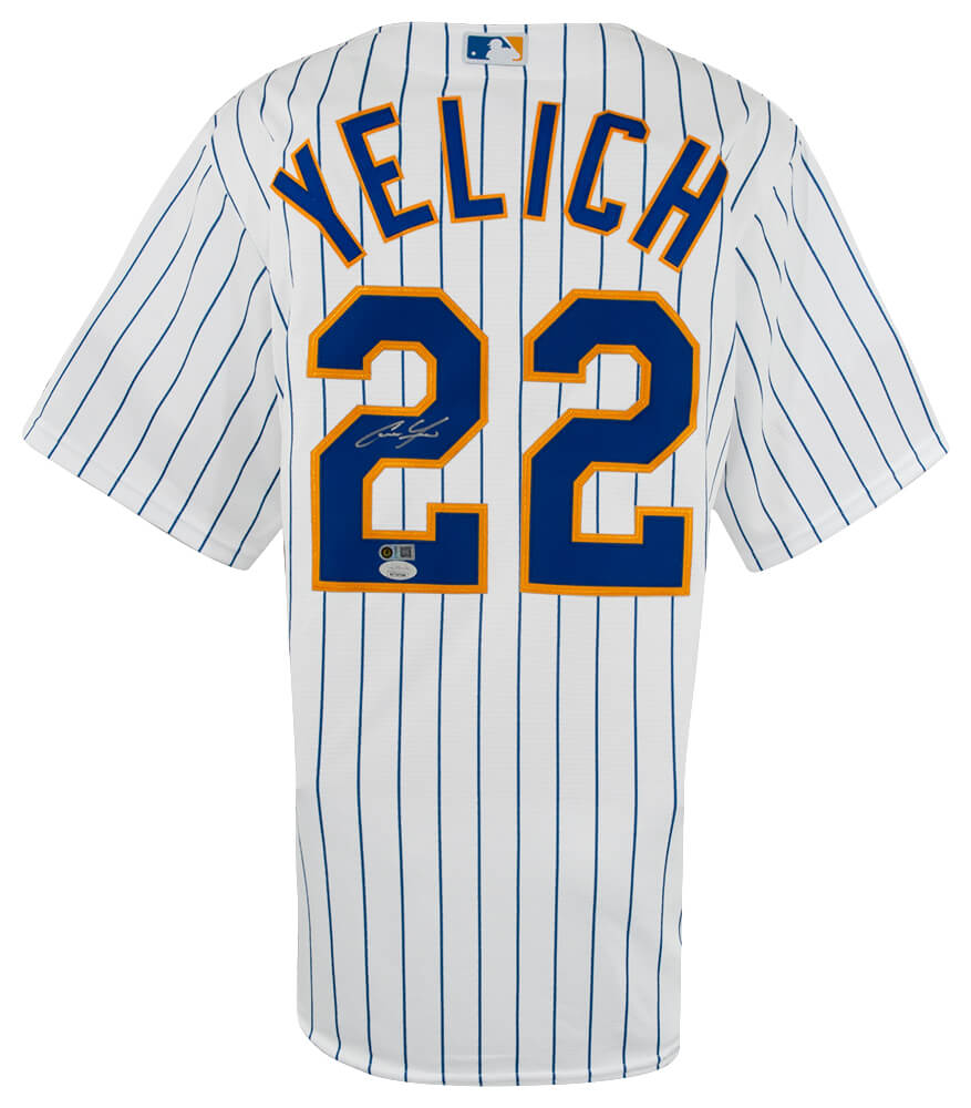 Christian Yelich Signed Milwaukee Brewers White Pinstripe Majestic Basball Jersey - (JSA) - YELJRY100 - Christian Yelich Signed Milwaukee Brewers White Pinstripe Majestic Basball Jersey - (JSA) product image