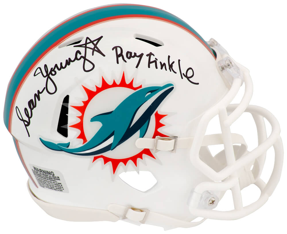 Sean Young Signed Miami Dolphins Riddell Speed Mini Helmet w/Ray Finkle - YOUMIN500 - Sean Young Signed Miami Dolphins Riddell Speed Mini Helmet w/Ray Finkle product image