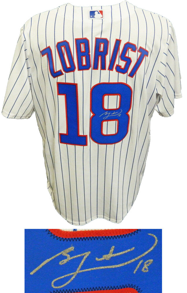 Ben Zobrist Signed Chicago Cubs Majestic Replica White Pinstripe Jersey - ZOBJRY100 - Ben Zobrist Signed Chicago Cubs Majestic Replica White Pinstripe Jersey product image