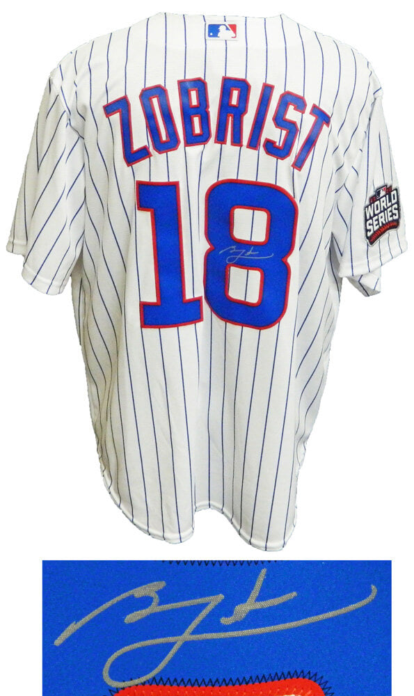 Ben Zobrist Signed Chicago Cubs White Pinstripe 2016 World Series Patch Majestic Jersey - ZOBJRY101 - Ben Zobrist Signed Chicago Cubs White Pinstripe 2016 World Series Patch Majestic Jersey product image