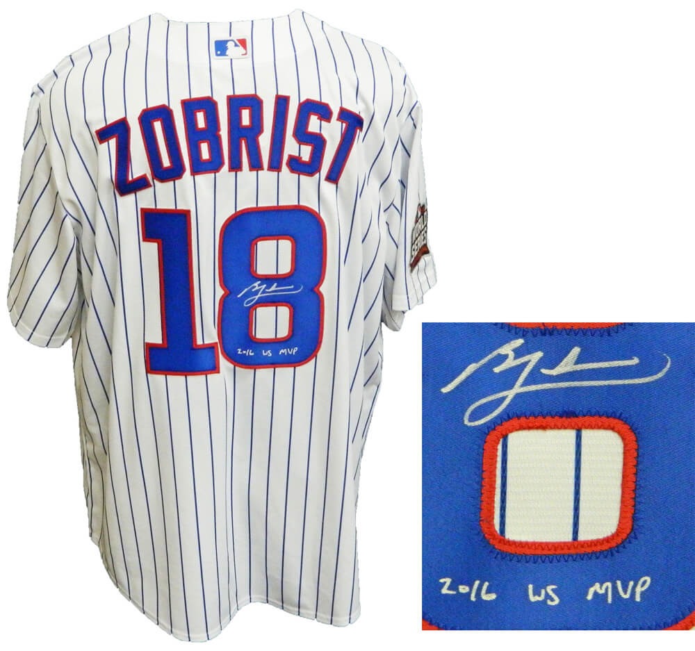 Ben Zobrist Signed Chicago Cubs White Pinstripe 2016 World Series Patch Majestic Jersey w/2016 WS MVP - ZOBJRY102 - Ben Zobrist Signed Chicago Cubs White Pinstripe 2016 World Series Patch Majestic Jersey w/2016 WS MVP product image